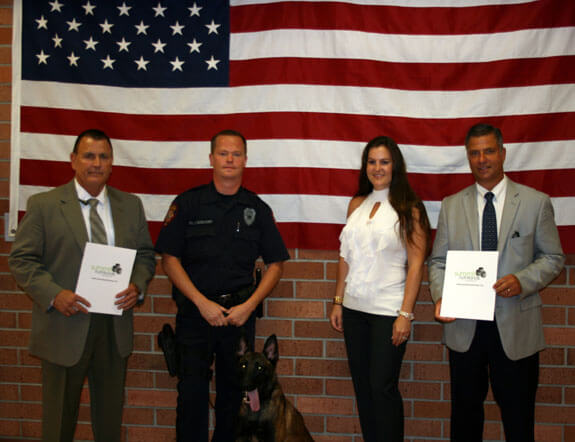 From left to right James Weinberg Director of Security Summit Nutritionals International™, Hillsborough Police Department K-9 Handler Patrolman Chris Engelhart, Deanna DePaco Vice President & Director of Business Development   Summit Nutritionals International™, Chief Paul Kaminsky Hillsborough Police Department and K-9 Kondro.