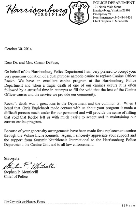 Harrisonburg Virginia Police Department Thanks Summit Nutritionals Final