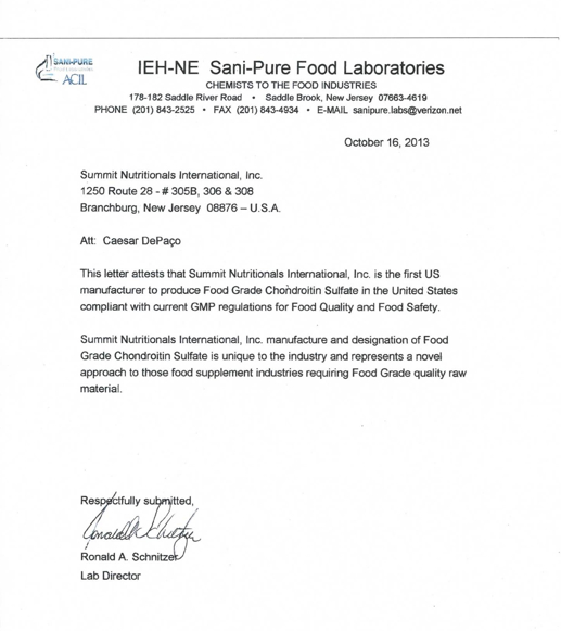 Summit Nutritionals International - First U.S. Distributor of Food Grade Chondroitin Sulfate